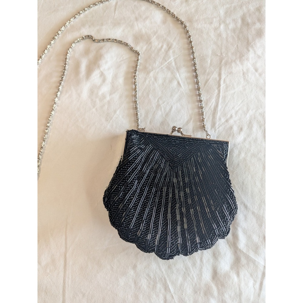 Apt 9 Black Beaded Shell Evening Bag Vintage Kiss Lock Clutch Crossbody